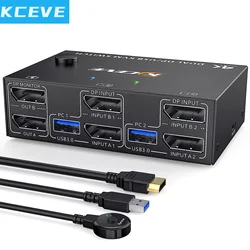 KVM Switch Dual Monitor DisplayPort 1.4 8K@30Hz 4K@144Hz 2 in 2 Out,DP1.4 KVM Switch and 4 USB3.0 for 2 Computers Compatible