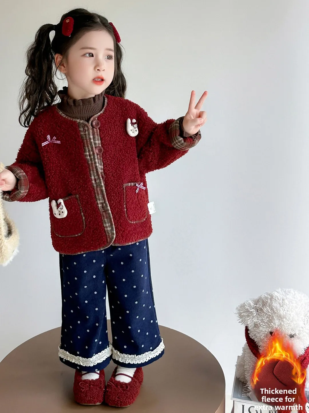 

Girls' Faionable Rabbit Doll Plaid Pants Fce Lined Coat Tee Piece Set Autumn Winter Kids' Clothing Ele Sle