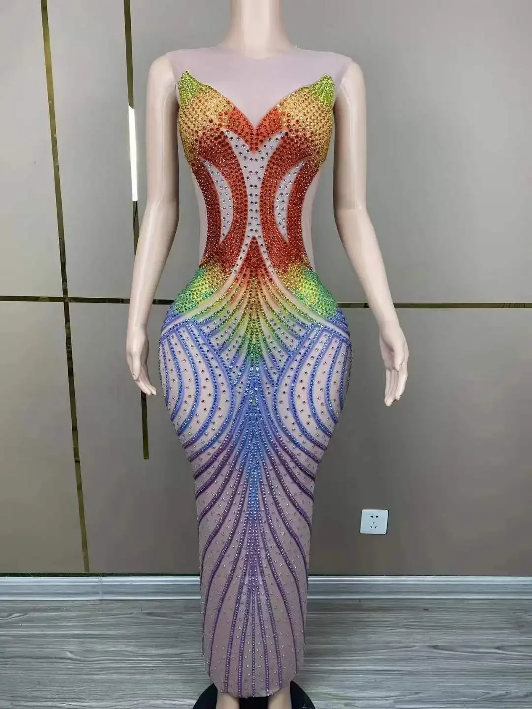 Vestido largo sin mangas de malla elástica para mujer, fiesta de cumpleaños, celebración de fotografía, cantante, espectáculo de Las Vegas, ropa de escenario, traje con diamantes de imitación