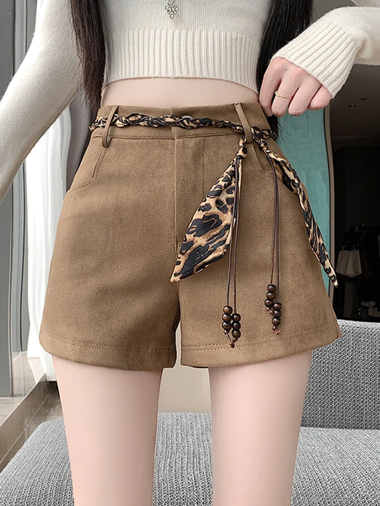 Hoge taille suède shorts Dames kaki casual broek A-lijn hotpants Herfst Winter Nieuw Sle afslankend effect Ci Walk Friendly