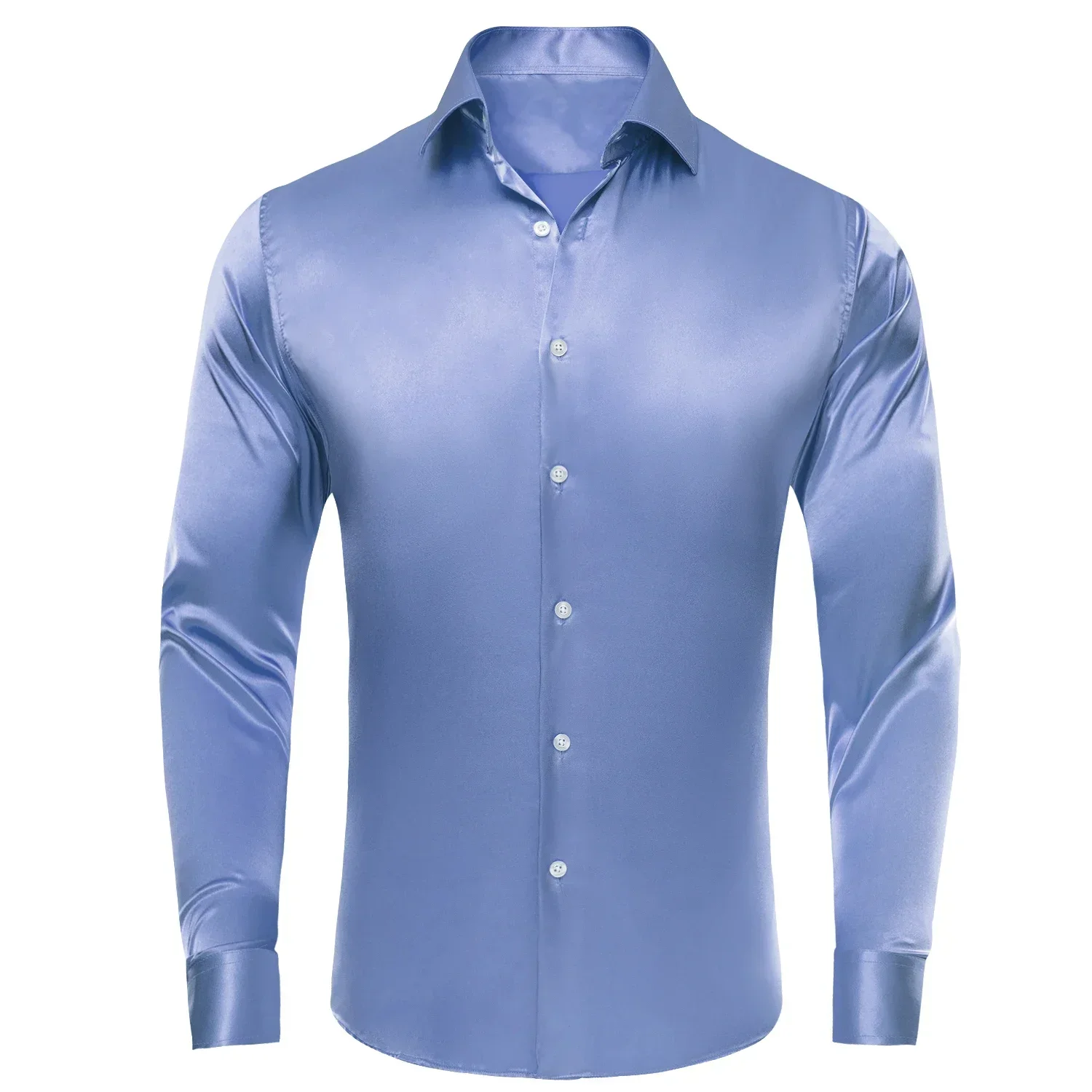 

Hi-Tie Haze Blue Solid Silk Mens Shirts Lapel Long Sleeve Dress Shirt Soft Blouse for Male Formal Casual Wedding Business Gift