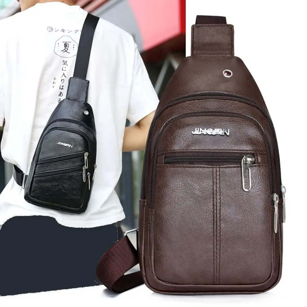 

Fashion PU Leather Men's Sling Bag Anti-theft Solid Color Chest Bag with Earphones Hole Large Capacity Crossbody Bag