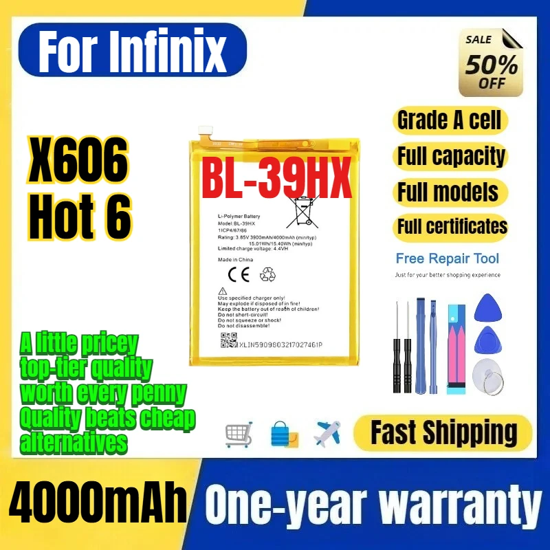 BL-39HX for Infinix Tecno X606/Hot 6 Phone Battery 0 Cycle High Capacity Battery Replacement Bateria Grade A Cell with Tools