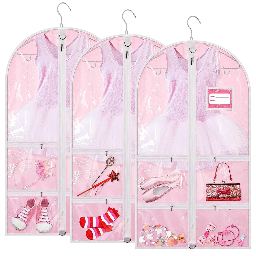 Pink Garment Bags for Dance Costume Foldable Dance Dress Bag with Zipper Pockets Transparent Storage Organizer Dress Cover