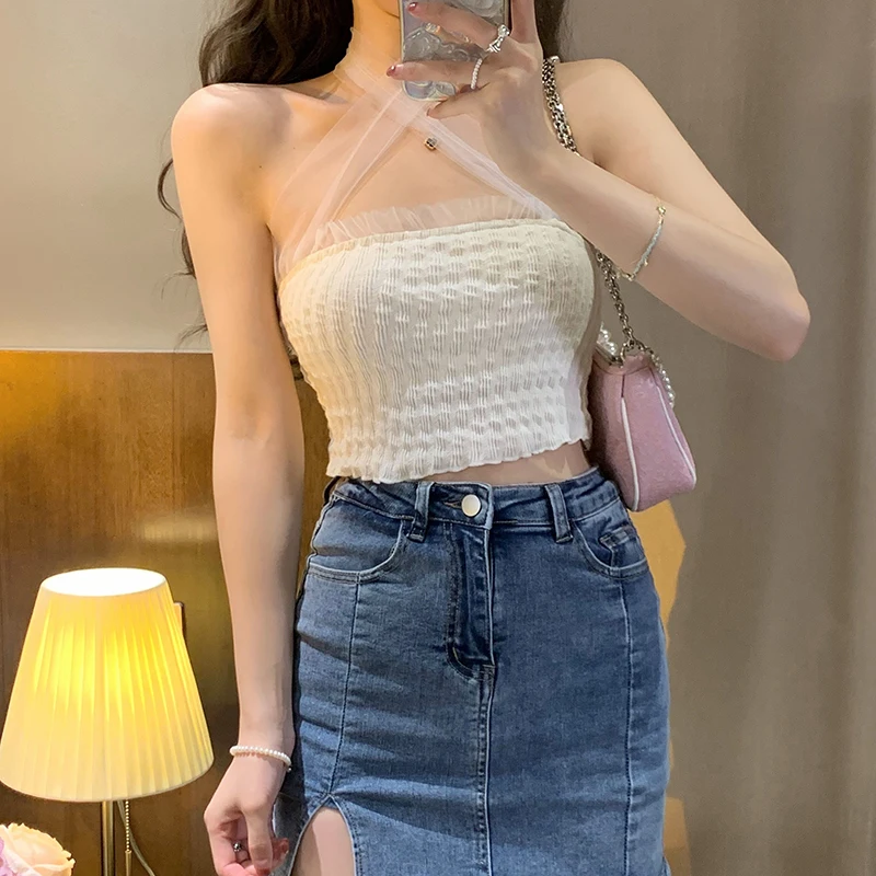 1Pc Summer Sexy Strapless Camisole Women Bow Lace Patchwork Sleeveless Slim Knitted Tank Top