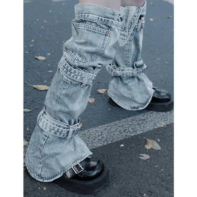 Women s Y2K Denim Leg Warmers 80s Knee High Harajuku Buckle Jean Socks Punk Gothic Leg Cover Stockings Streetwear