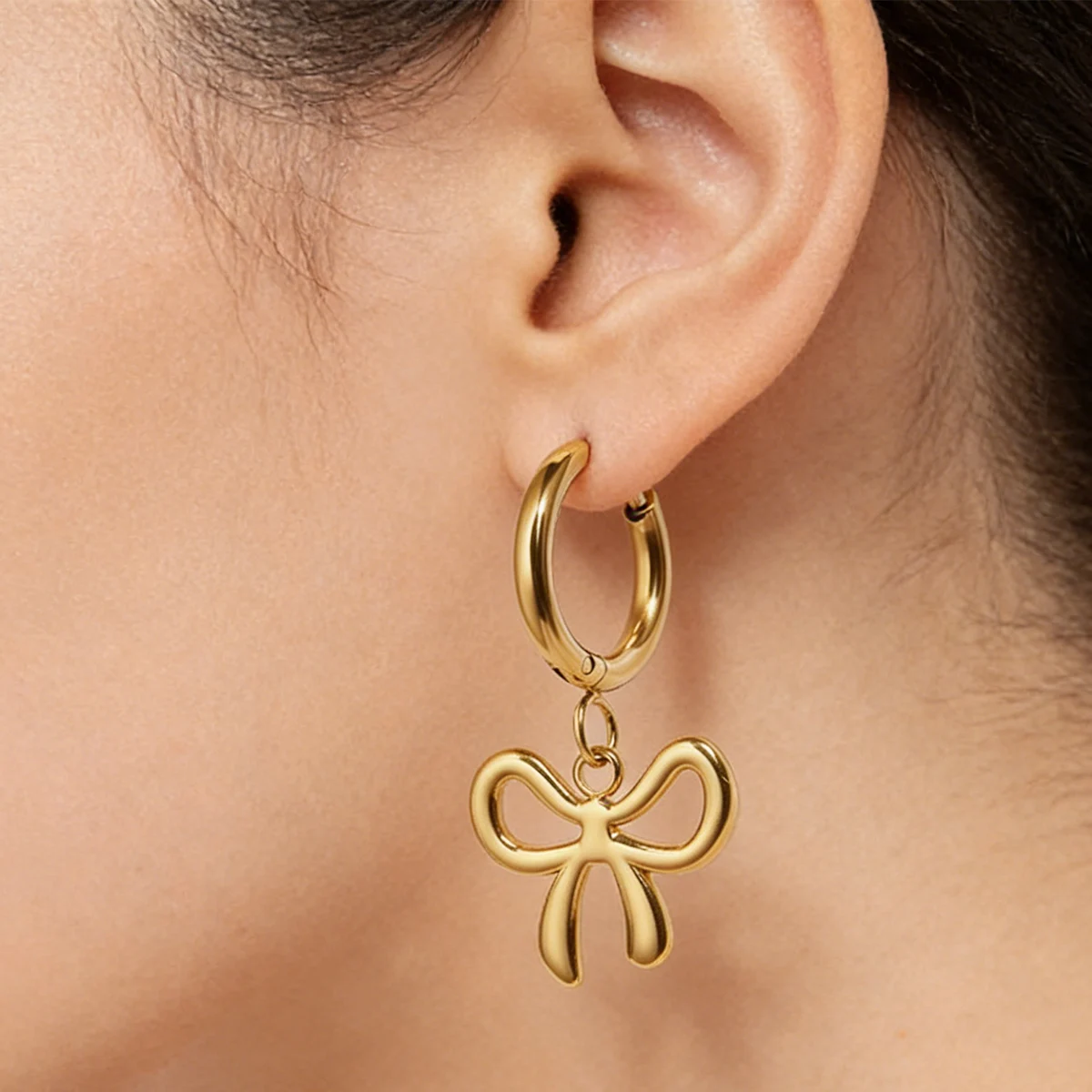 

Women 18K Gold Plated Bow Knot Charm Hoop Earrings Stainless Steel Huggie Drop Earrings Trendy Cute Jewelry