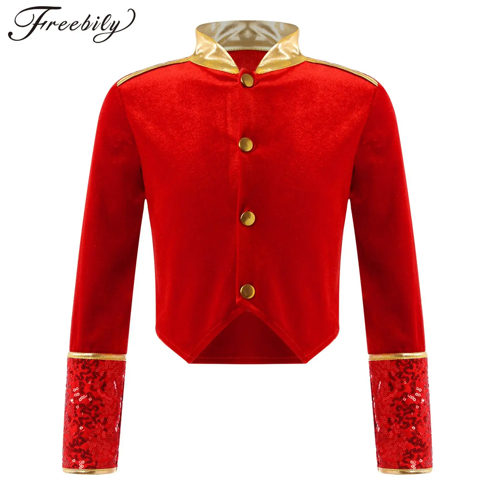 Kids Boys Girls Drum Major Costume Long Sleeve Marching Band Uniform Halloween Cosplay Costume Red Showman Coat Jacket