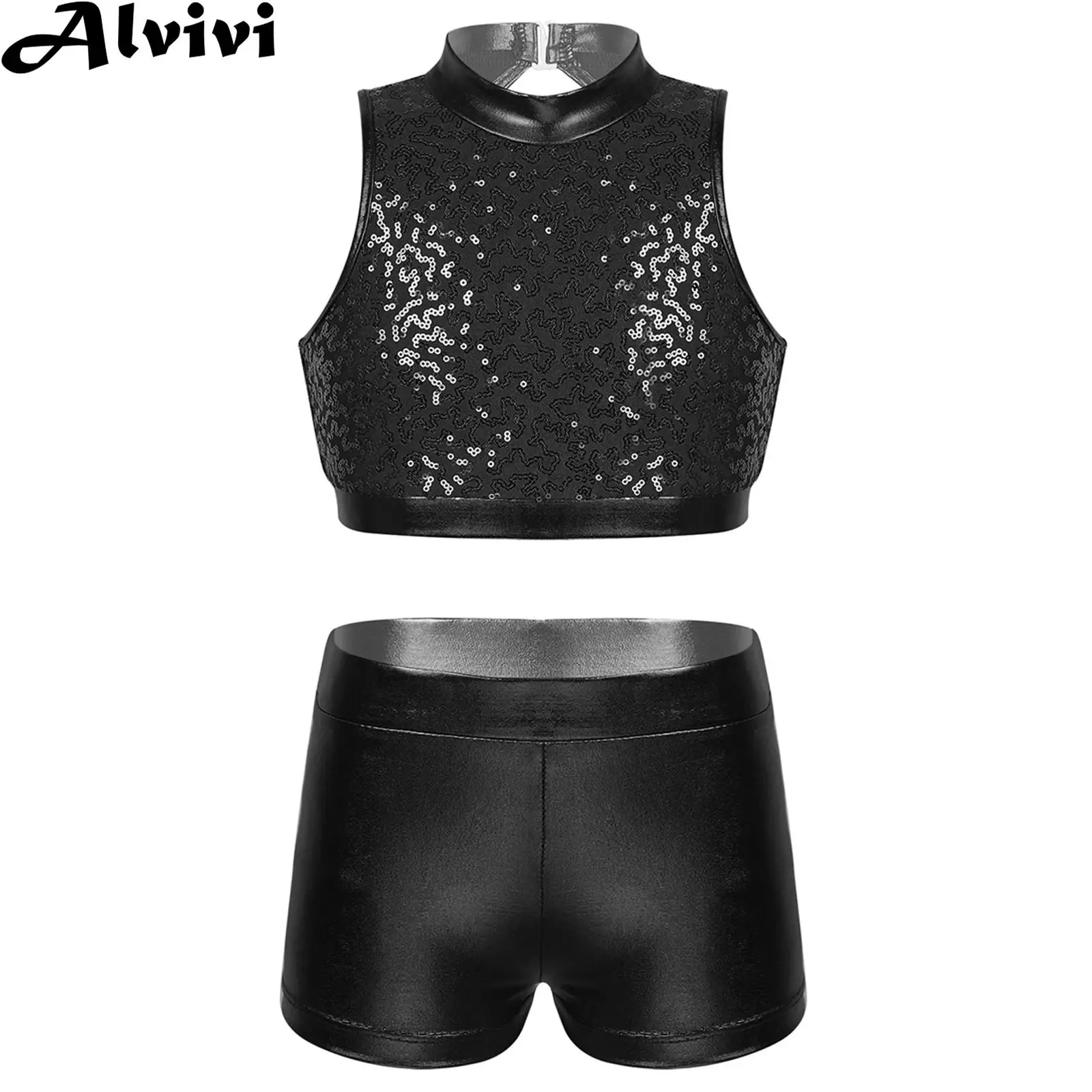 Kids Girls Sleeveless Jazz Tap Hip Hop Dance Clothes Set Shiny Sequin Hollow Crop Top with Shorts Stage Performance Dancewear