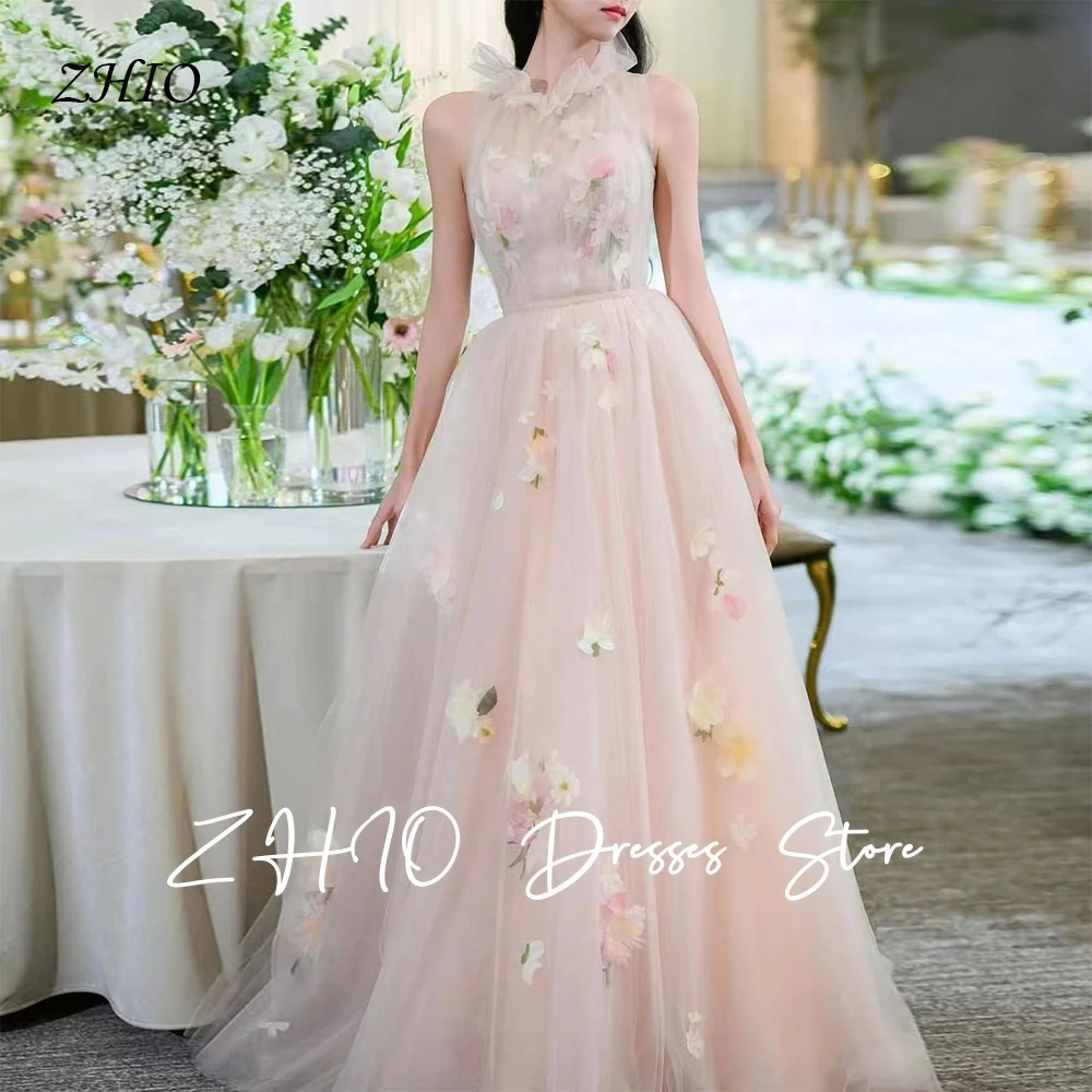 ZHIO Exquisite Applique Wedding Party Dress Pleat High Neck Pink A-Line Tulle Korea Photo Shoot Bridal Reception Gown Customized