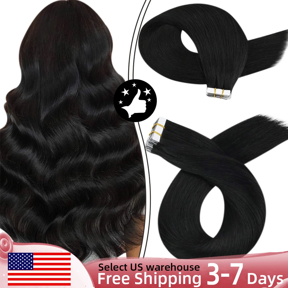 Moresoo Tape in Hair Extensions Black Hair Natural Straight Real Remy Hair Tape Adhesive 100% Human Hair Extensions Tape in