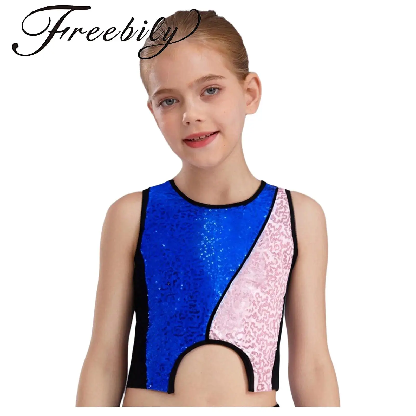 

Kids Girls Jazz Dance Vest Tops Color Block Patchwork Sparkly Sequins Tank Top Asymmetrical Hem Vest Costume