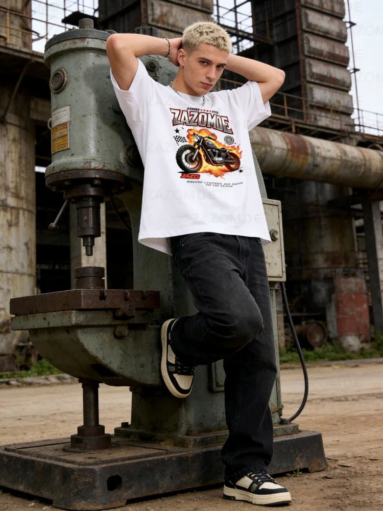 

ZAZOMDE High Street модная хлопковая футболка мужская свободная посадка с короткими рукавами Топ для гонок на мотоциклах с графическим принтом негабаритная уличная одежда