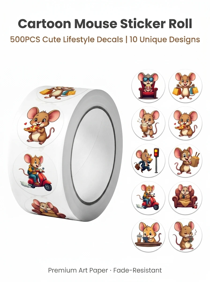 1Roll(500Pcs) Cute City Mouse Happy Life Stickers 2.5cm/1.0