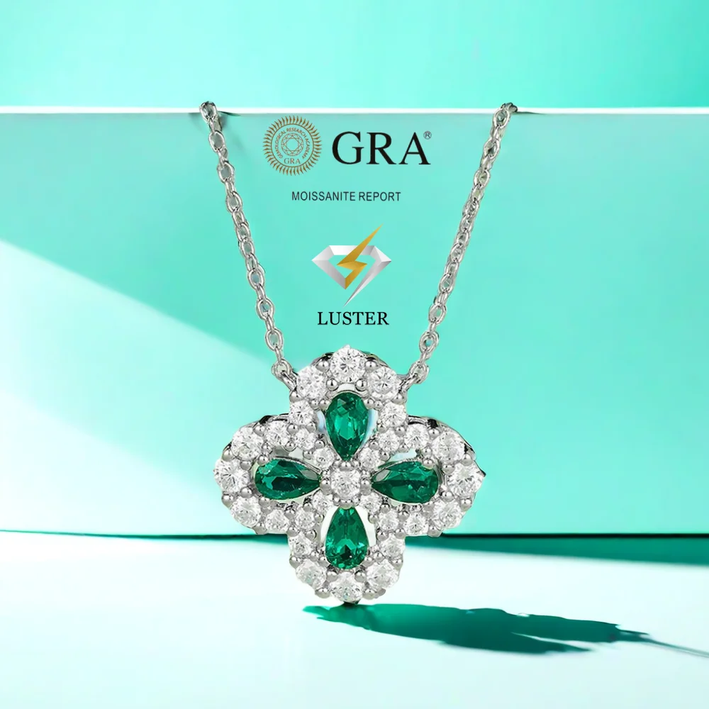 

LUSTER D Cultivate emerald-green Pendant Original s925 Sterling Silver Plated 18k White Gold with GRA Pendant for Women