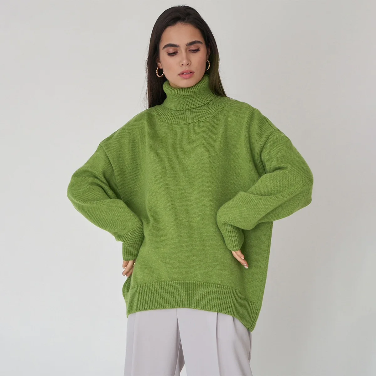 

Solid Color High Neck 2024 Autumn/Winter Loose Knit Ins Pullover Sweater For Women