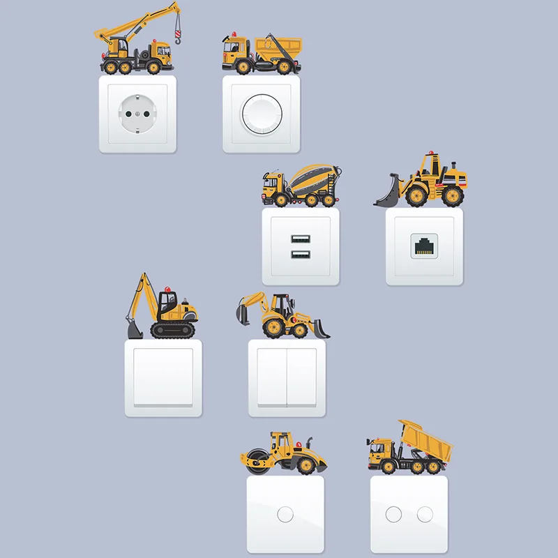 Cartoon Nordic Crane Excavator Tractor Switch Sticker Kid Baby Bedroom Decoration Self-adhesive Home Decor Child Wall Decals