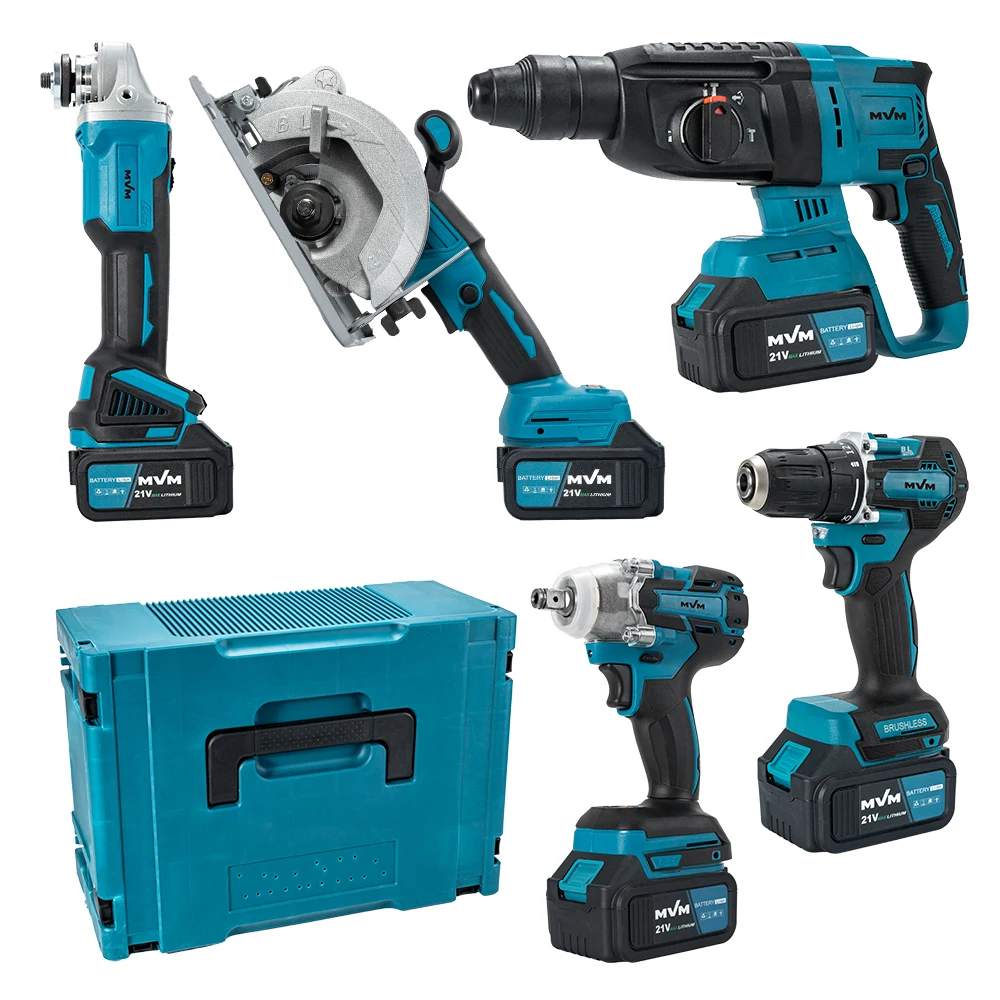 

Wholesale Lithium Motor Cordless Tool Set 5 Pcs Hammer Wrench Angle Grinder Drill Saw Electrical Equipment Power Tools