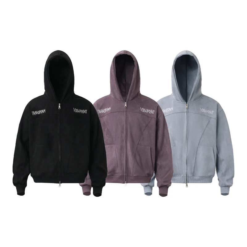 

Patchwork Double Zipper Suede Hoodie Classic Embroidery Letters Label Clothes Men Women High Street Casual Loose Pullovers Tops