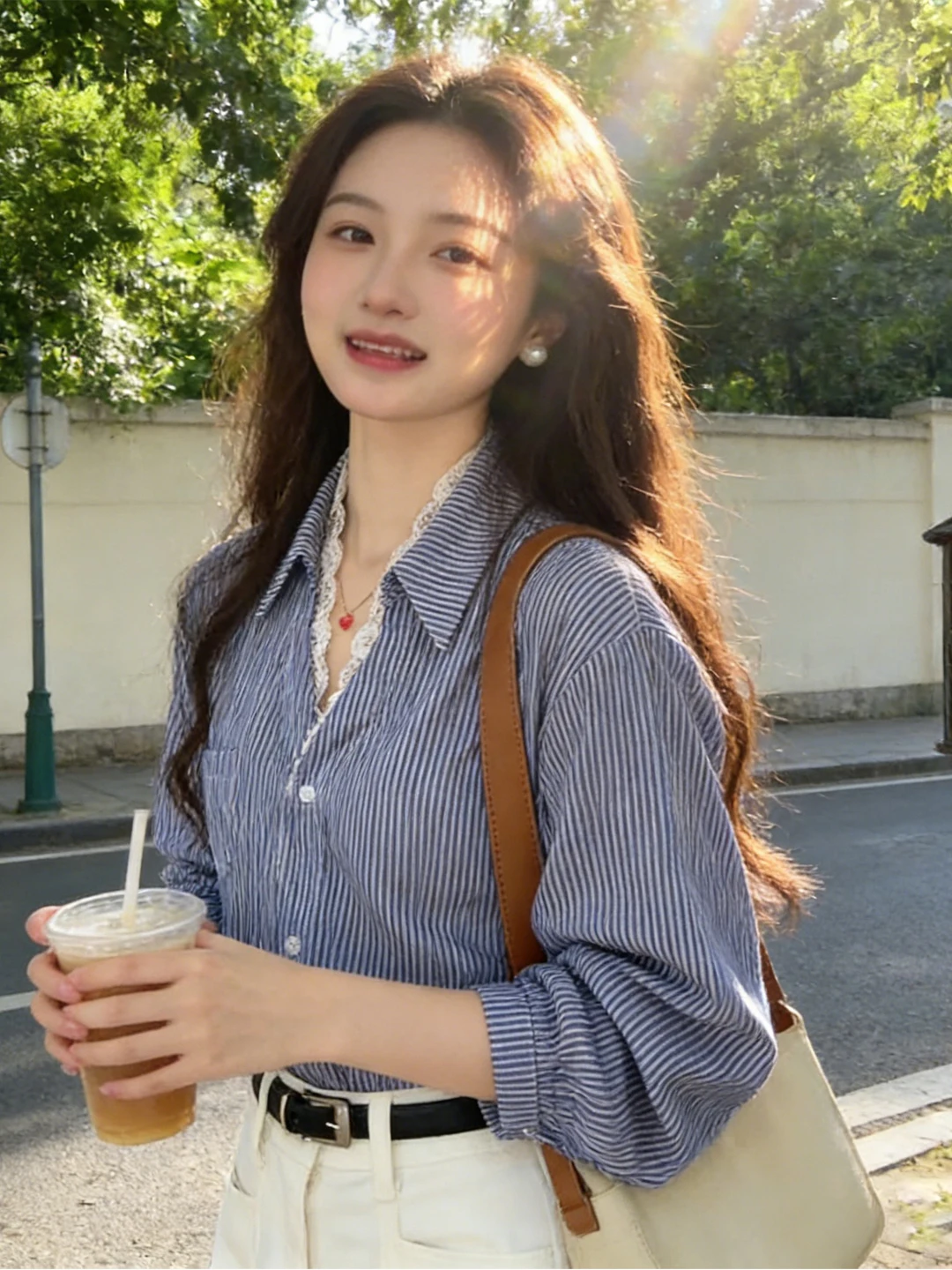 

Retro Blue Striped Lace Shirt Women's Spring 2026 New Unique Elegance Long Sleeve Beautiful Top Quality Breathable Polyester