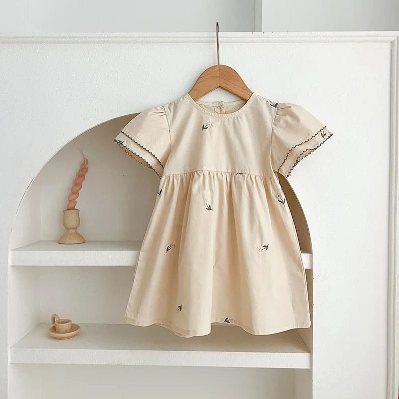 Infant Baby Girls Cute Dress Rompers Sisters Clothes Kids Girls Embroider Flower Princess Dress Beige Family Clothes Rompers