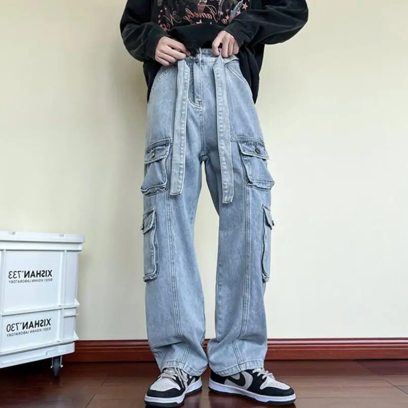 

2023 Men Cargo Jeans Wide Leg Pants Multiple Pockets Baggy Denim Trousers Hip Hop Streetwear Skateboard Neutral Pants Male w566