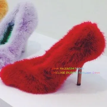 Yellow Fluff High Heel Pumps Pointy Toe Luxury Stiletto Heel Solid Color Slip On Elegant Catwalk Party Dress Shoes Foe Ladies