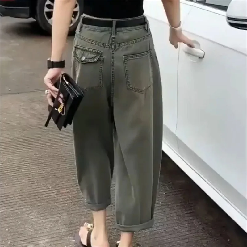 유럽 여성 캐주얼 데님 바지 2025 고급 여성 하이웨이스트 청바지 봄 여름 여성 패션 하렘 카우보이 팬츠