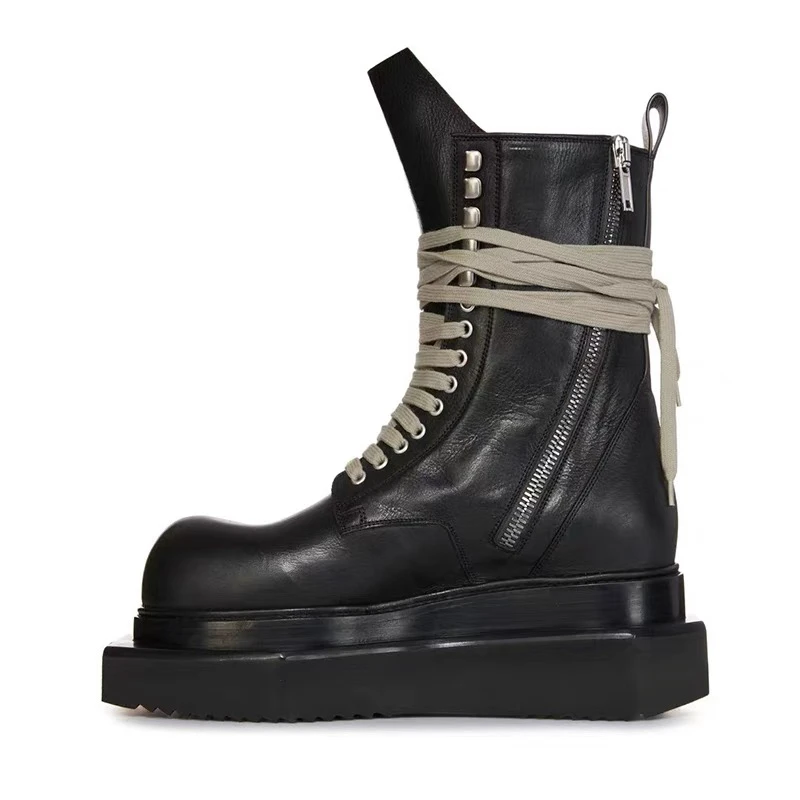 NIGO Men's Black Thick Bottom Chunky Heel Mid-calf Boots Handsome Straps Biker Round Head Heightening Short Boots Tide #NGSH1683