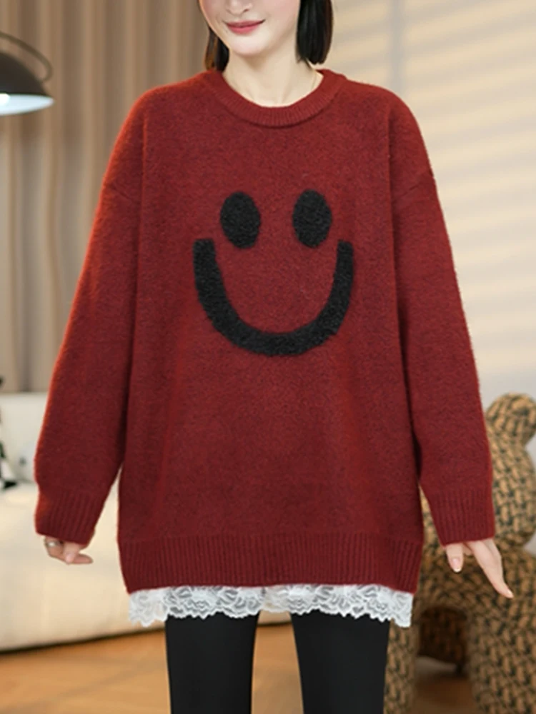 

Женская вязаная кофта с длинным рукавом, кружевными вставками и принтом «Улыбающееся лицо», осенне-зимняя новинка, модная, стройнящая, скрывающая живот