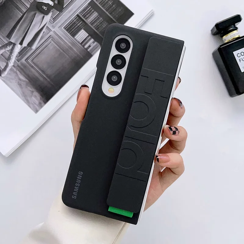 For Samsung Galaxy Z Fold 4 Fold4 Silicone Grip Cover Matte Full Soft Back Protective Cover with Finger Strap z fold4 Phone Case