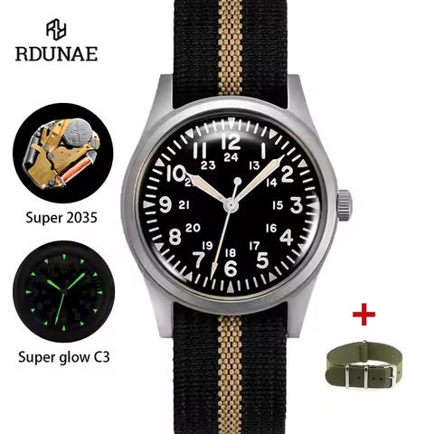2025 New RDUNAE RA03 34.5mm Military Men Vintage Quartz Watch G10 Miyota 2035 Watches K1 Mineral Glass Stainless Steel Wristwatc