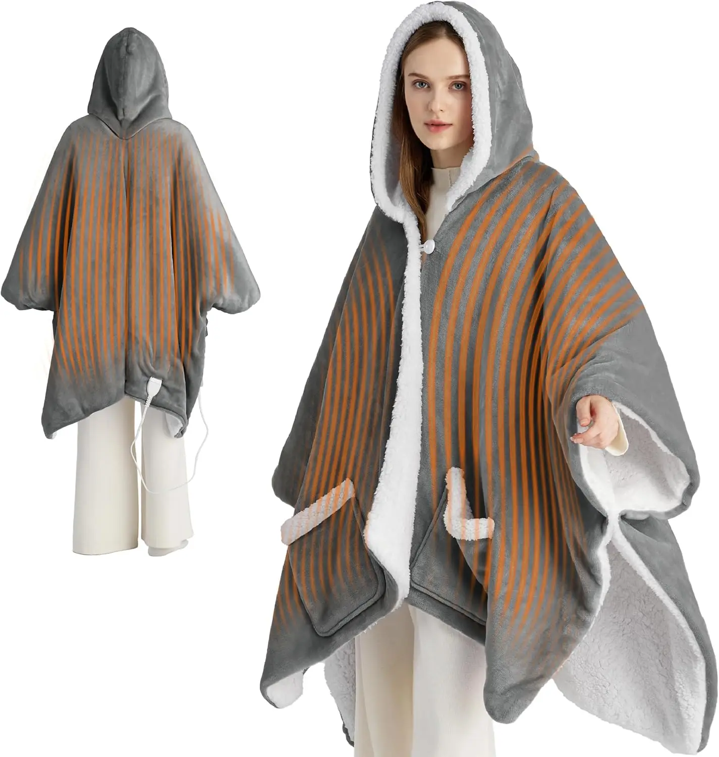 

Electric Heated Blanket Shawl Hoodie for Adults - Adjustable Warmth, 4 Timers & 6 Heat Levels, Grey
