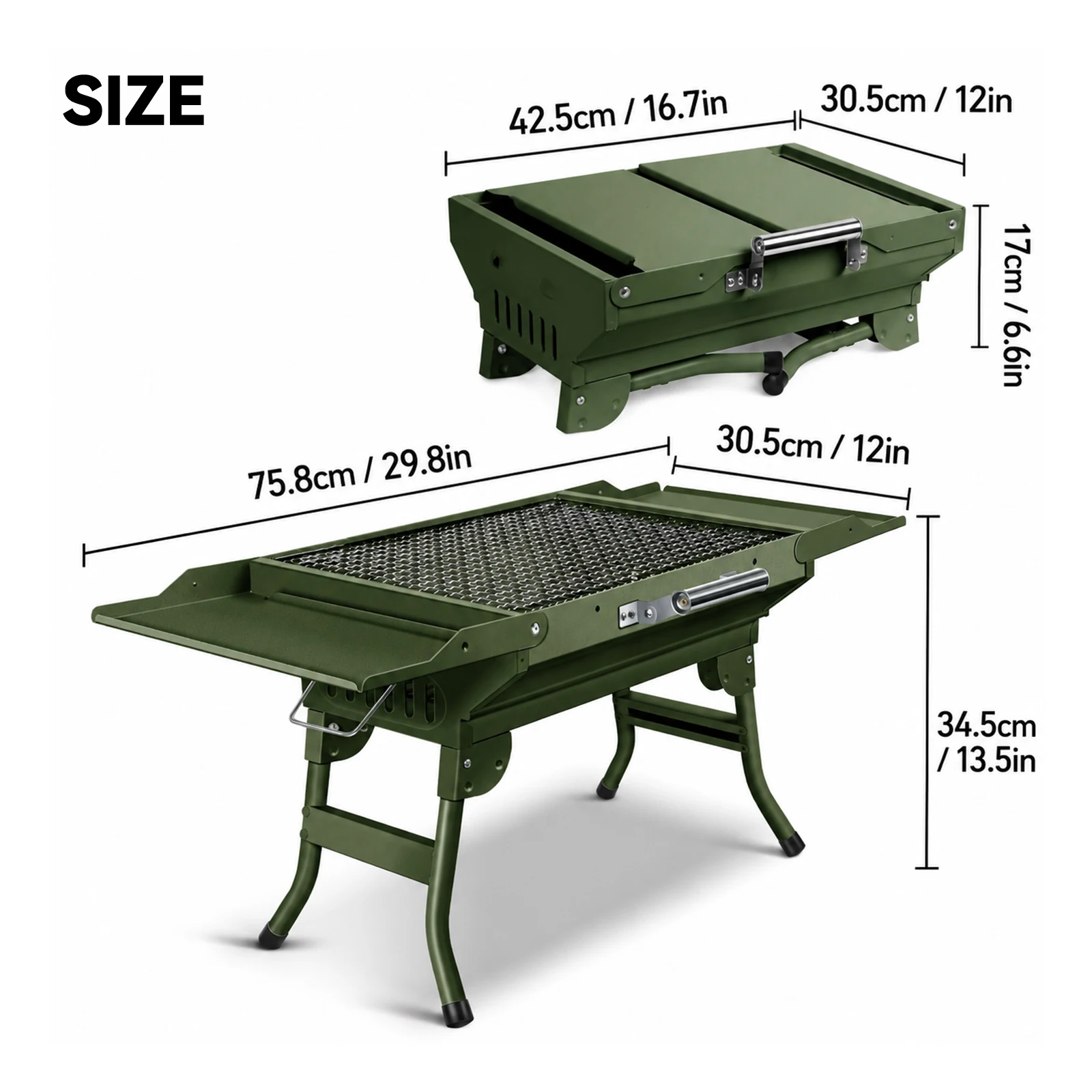 Portable Folding BBQ Grill Green Mini Suitcase Charcoal Grill with Carry Handle Side Shelf Wire Mesh for Camping Picnic Beach RV