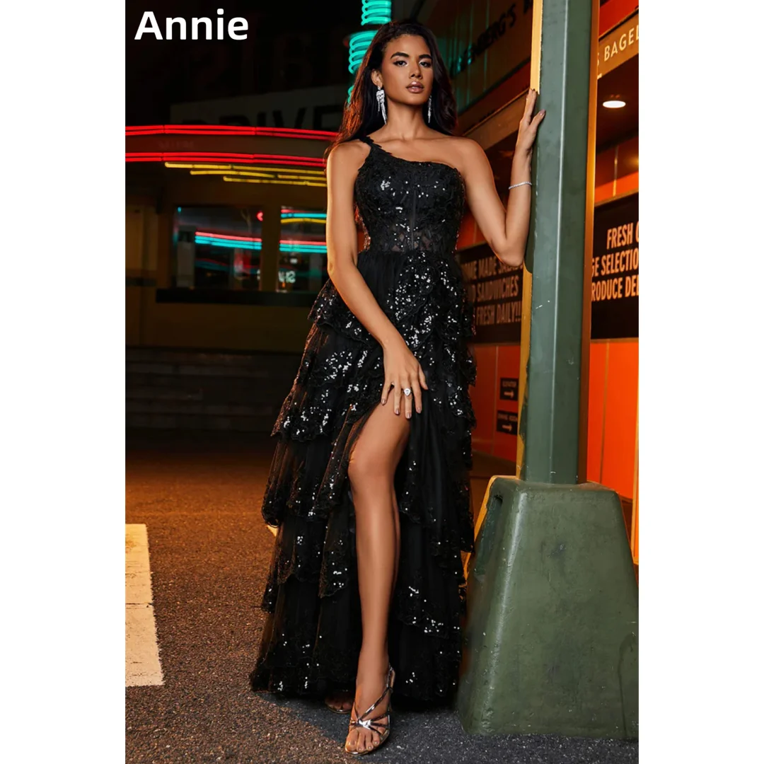 Annie Sweetheart Black Wedding Dress Glitter Sequins Multi-layer Prom Dresses One Shoulder Slit Bespoke Occasion Dresses