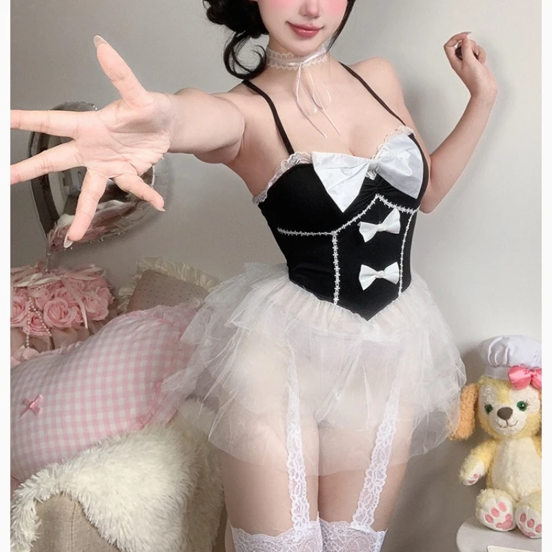 Sexy Rock Damenmode Erotik Braut Rollenspiel Hochzeitskleid Schleife Neckholder Spitze Anime Cosplay Katzenmädchen Kostüme Süßes Dienstmädchen-Outfit