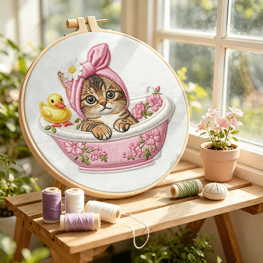 Embroidery Stitch Practice Kit Pre‑Printed Fabric Bamboo Hoop Thread Needles Learning Hand‑Stitching Craft Set