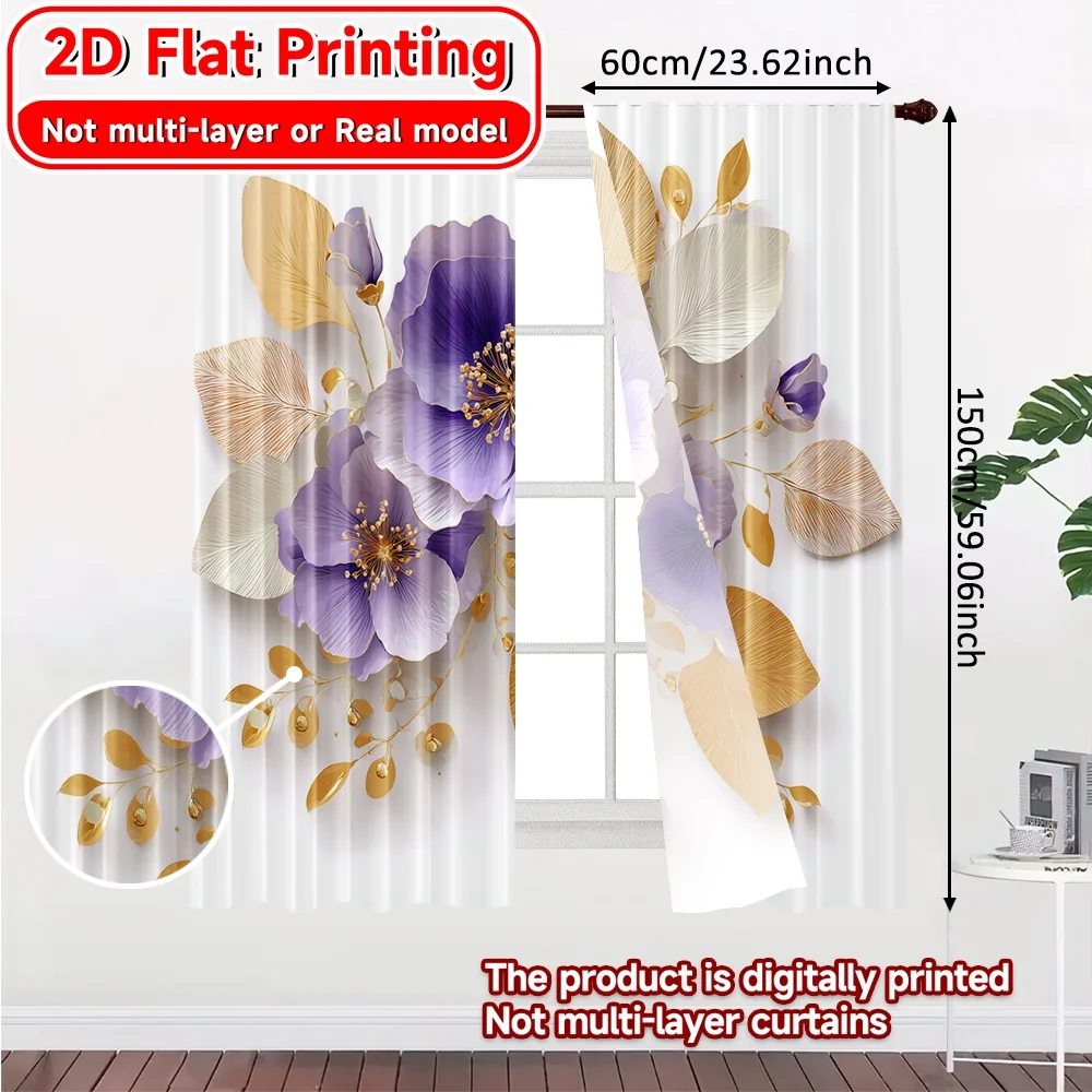 2D Flat Printing,2pcs Elegant Blooms Chic Curtain Cloth Durable Polyester Curtains Festive for Semi-Transparent Living Room