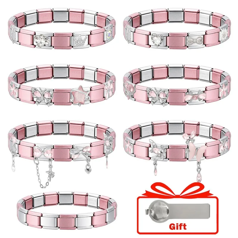 Wholesale Pink Combo Italian Charm Stainless Steel Bracelets For Women Men 9mm Width Elastic DIY Modular Bracelet Jewelry Gifts