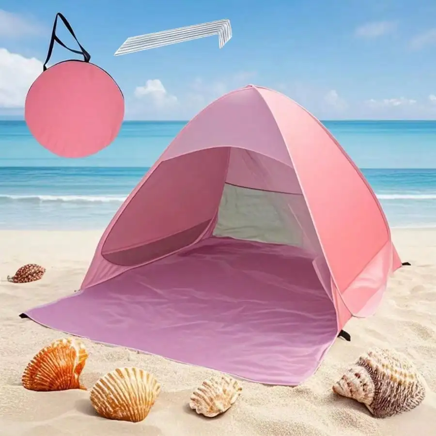 1 Piece Instant Pop Up Beach Camping Tent - Spacious Outdoor Shade Tent With Carrying Bag, Suitable For Family And Friends, Blue, Triangle Design, Polyester Fiber Fabric, Great For Beach, Camping, Hiking, Camping Essentials