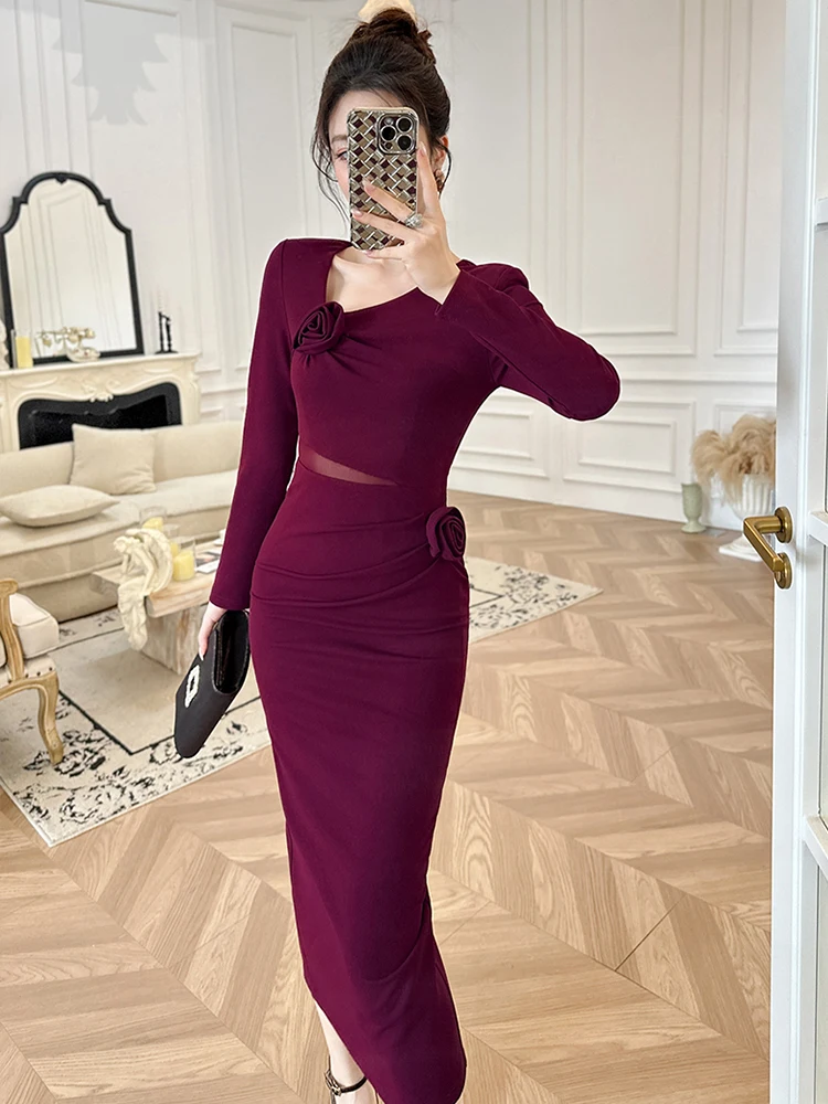 ヴィンテージシックなミディ丈シースドレス、女性用、エレガントなカットアウトウエスト、3Dローズ装飾、パーティードレス、イブニングフォーマル、集まり用ドレス