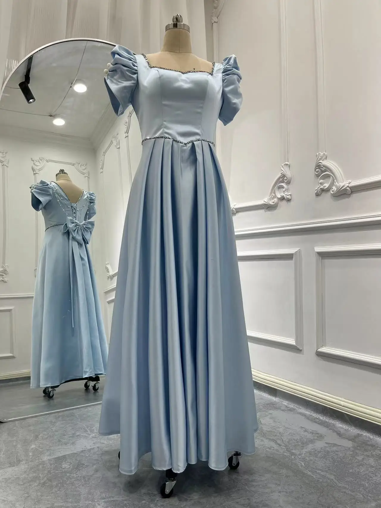 Real Picture Stock Sky Blue Prom Dresses Short Sleeve 2024 Pearls Bow A Line Satin Women Formal Evening Dress Wedding Party Gown