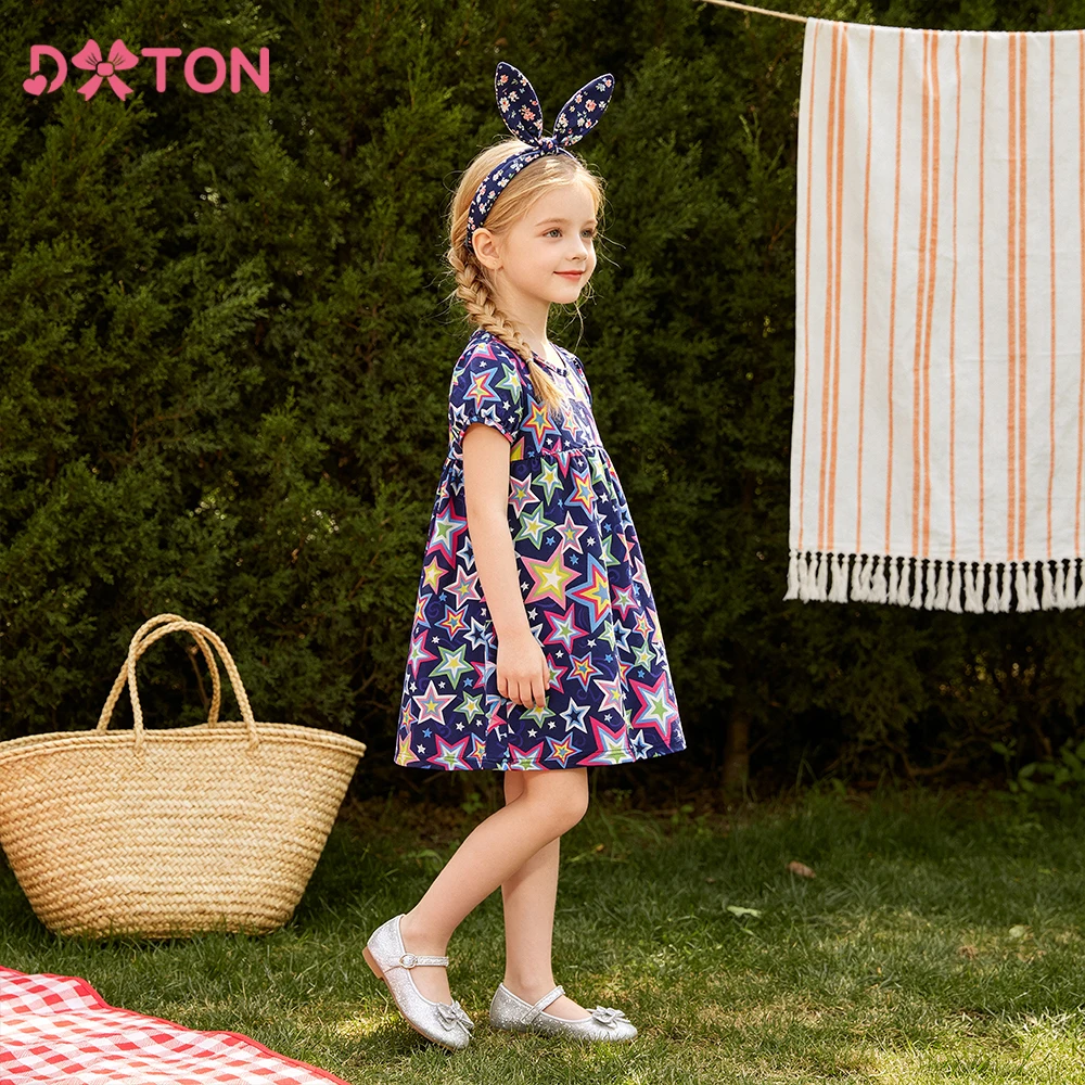 DXTON Kurzarm-Kinderkleidung aus Polyester mit Sternenmuster, Alltagskleidung für Kinder, Sommerurlaub, Freizeitkleider für Babymädchen