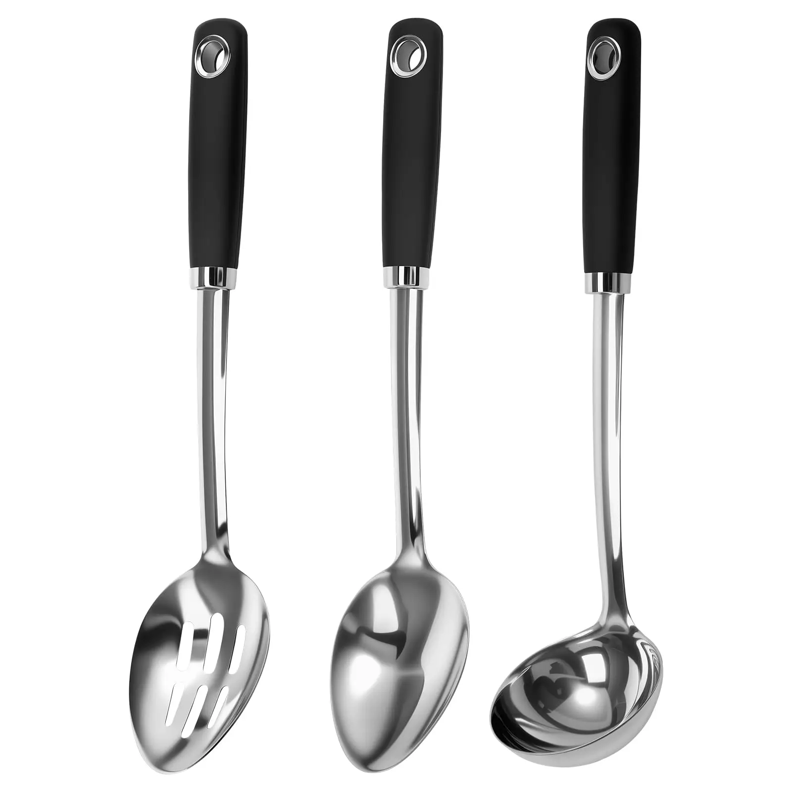 

Set of 3 Stainless Steel Kitchen Spoons, 14-Inch Large Slotted Metal Spoons, Cooking Spoon and Soup Ladle, Silver Kitchen