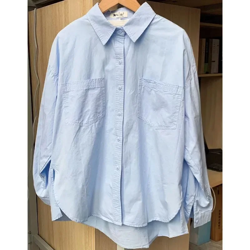 DAYIFUN Solid Shirts Women\'s Spring/summer Lapel and Double Pocket Design Blouses Female Blue Blusas Autumn Loose Casual Tops