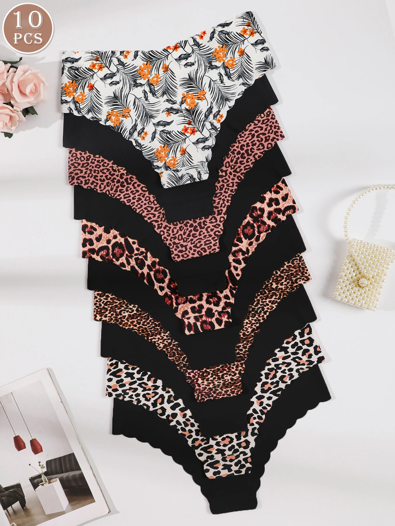 10 قطع النساء سلس حافة متموجة تنفس مريحة لينة النسيج مثير سراويل مثلث #3