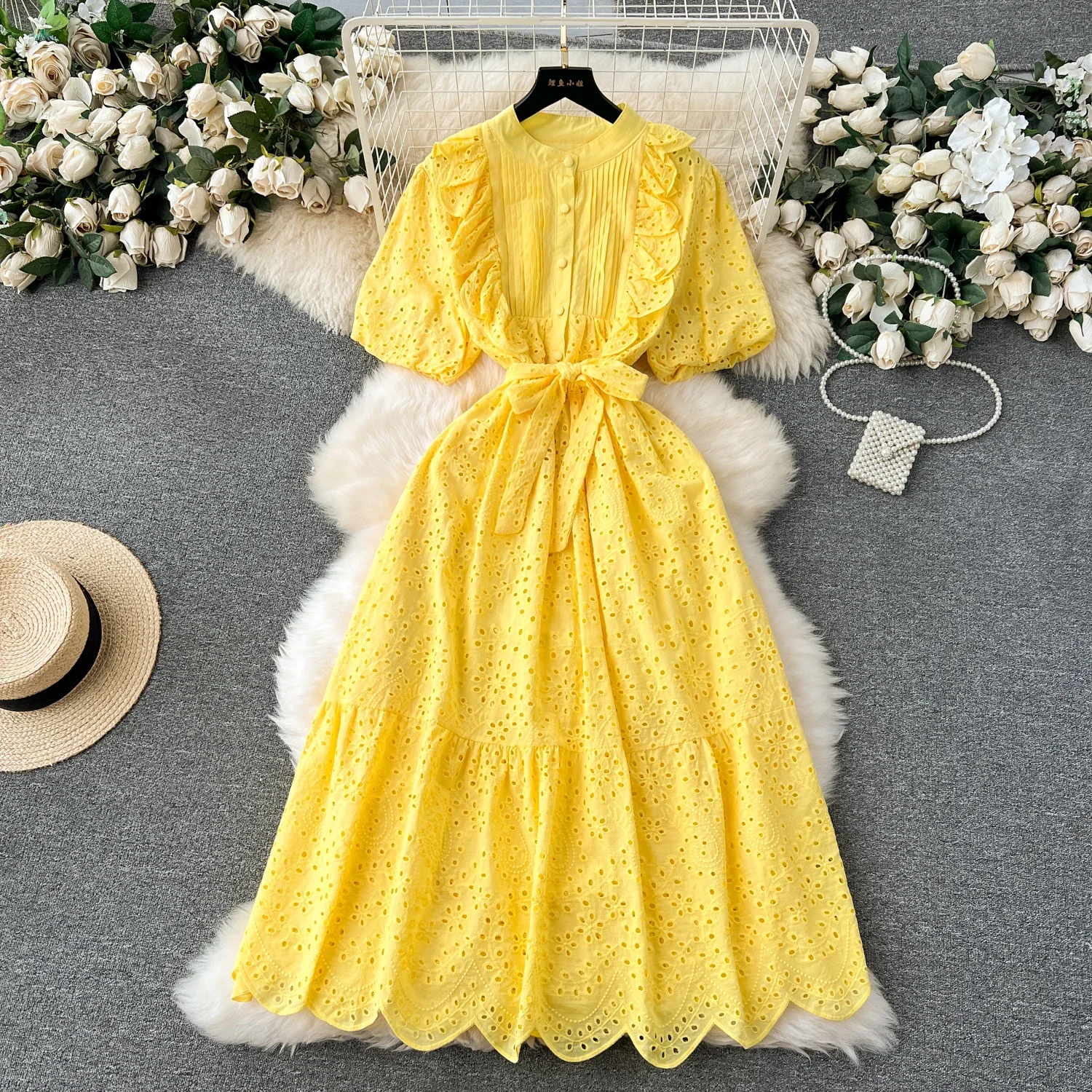 

French Vintage Solid Hole Bandages Puff Long Sleeve Single Breasted Dress A-line Casual Women Fashion Autumn Spring Vestidos