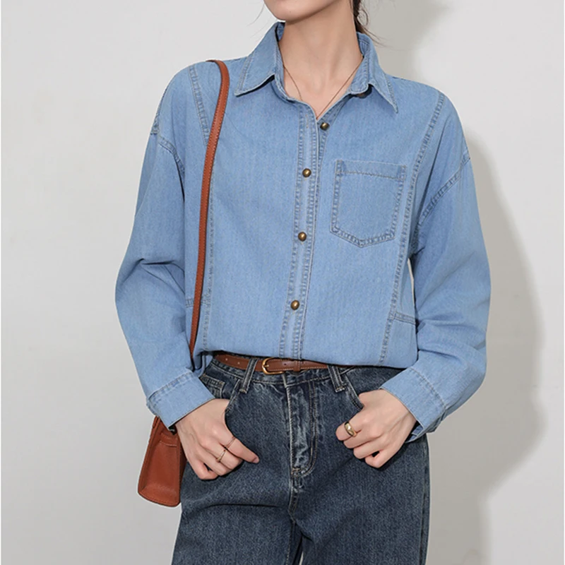 Spring Autumn Casual Denim Shirt Top Women's New Fashion Simple Versatile Loose Oversized Long Sleeved Shirt Coat S741