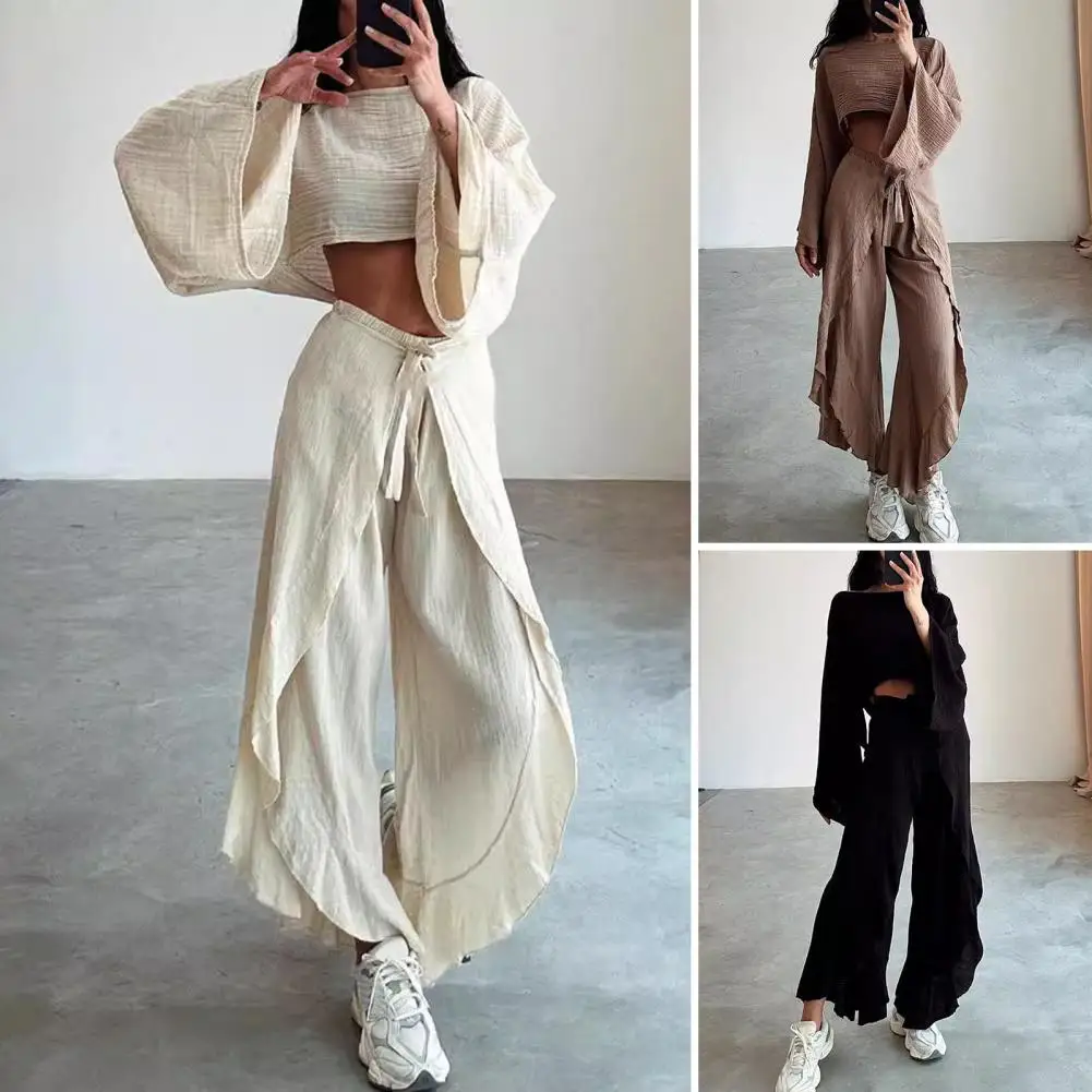 

Women Wide-leg Trousers Set Stylish Women's Crop Top Pants Set with Boat Neck Irregular Ruffle Lace-up Trousers High for Club