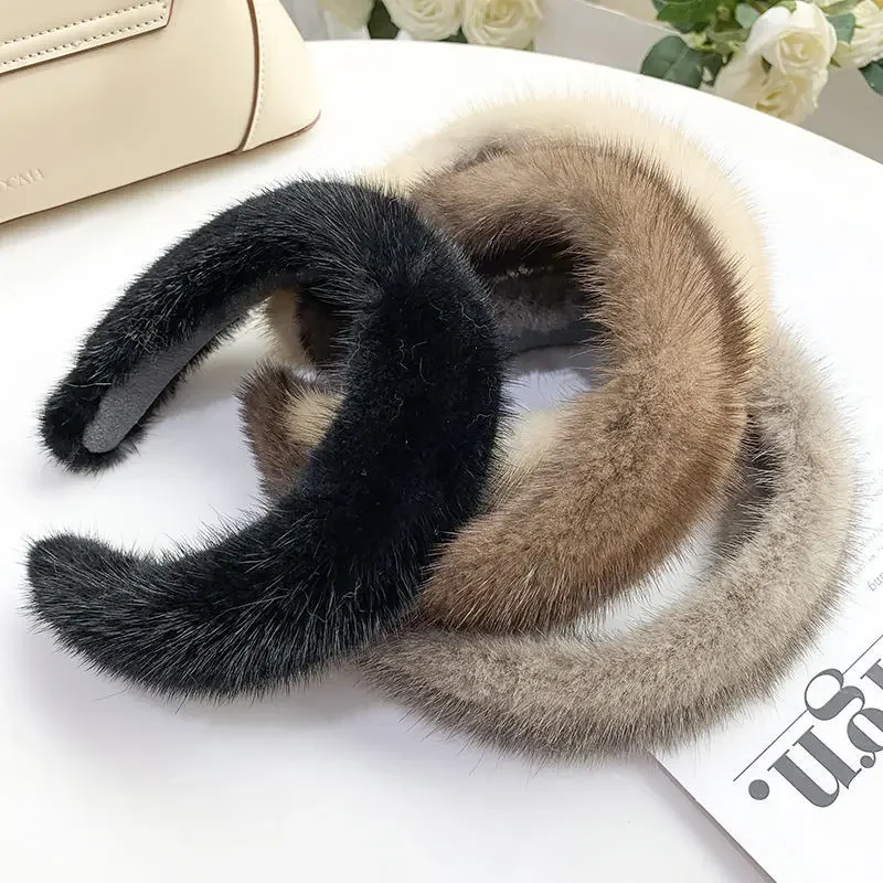 

2024 New Mink Hair Headband Wide Brim Winter Fur Mink Headdress Solid Color Headband Presents for Friends